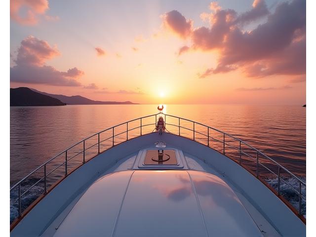 エレガントなオキーニスヨットの船首から見た夕日